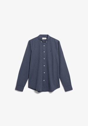 Donkerblauwe gestreepte blouse met lange mouwen en een button-down kraag, voorzien van witte knopen en een klein geborduurd logo op de borst.