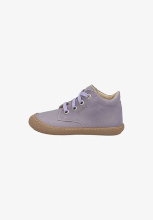 Lavender suede children's high-top sneaker with purple laces and light brown rubber sole, side view.