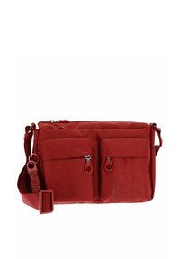 Borsa a tracolla rossa con due tasche anteriori con zip, tessuto testurizzato, tracolla regolabile e dettagli con logo sul lato.