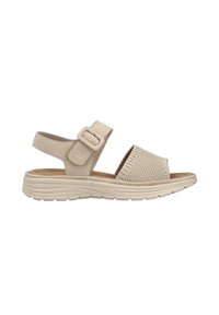 Beige sandal with a woven mesh upper, adjustable strap with buckle, cushioned footbed, and a thick, textured sole for support.