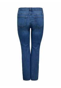 Jeans in denim blu con un classico design a cinque tasche, taglio dritto e lavaggio medio con minimale sbiadimento e dettagli di cucitura.