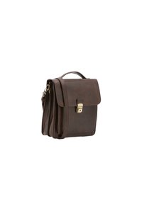Borsa a tracolla in pelle marrone con patta frontale, chiusura a scatto e tracolla regolabile. Presenta una forma strutturata e rettangolare.