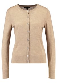 Béžový kardigan vyrobený z jemného materiálu, s kulatým výstřihem, dlouhými rukávy a zapínáním na knoflíky se stříbrnými knoflíky.