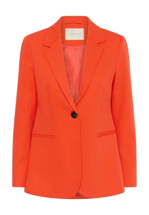 Felle oranje blazer met een getailleerde pasvorm, opstaande revers, enkele zwarte knoopsluiting en twee voorkanten zakken. Geloofde binnenvoering.