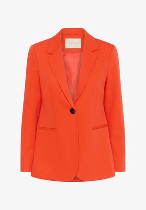 Klart orange kavaj med skräddarsydd passform, slagkrage, enkel svart knäppning och två framfickor. Fodrad insida.