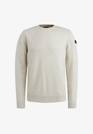 Svijetlo bež, pulover s okruglim izrezom napravljen od meke pletene tkanine. Ima duge rukave i mali crni logotip na lijevom ramenu.