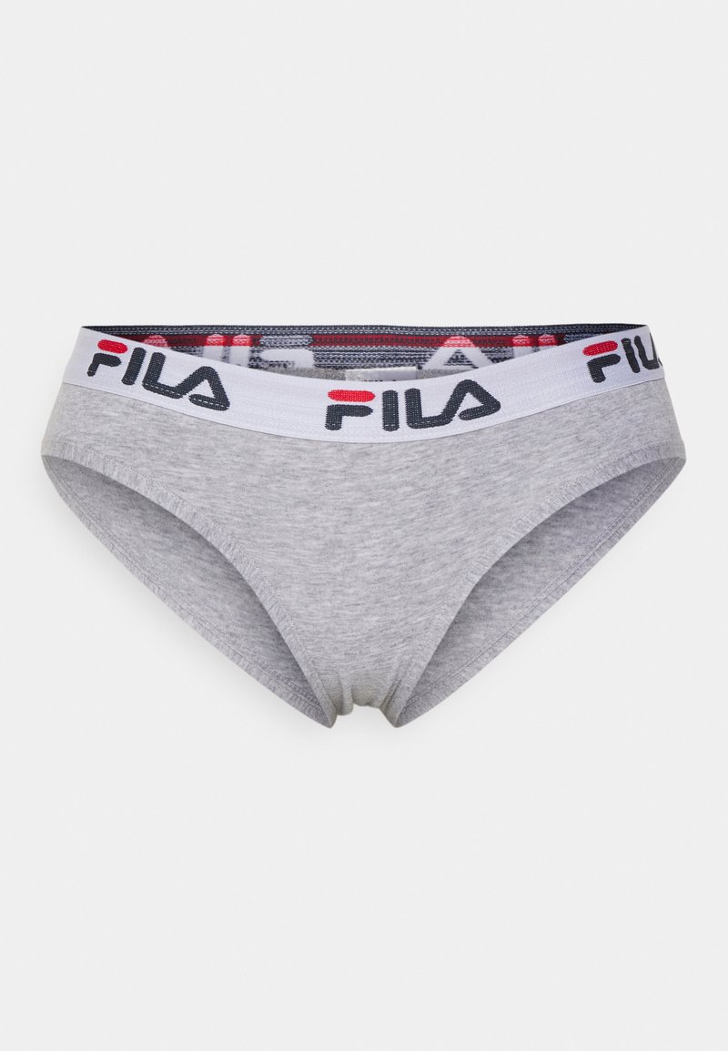 Boxer de algodão cinza com uma cintura elástica apresentando "FILA" em preto e vermelho. O design é liso com um corte clássico.