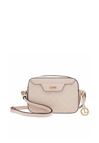 Bolso bandolera rectangular sintético de color rosa claro con un patrón de logotipo en relieve, herrajes dorados y una correa desmontable. Cuenta con un cierre superior de cremallera.