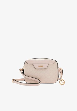 Hellrosa rechteckige synthetische Umhängetasche mit geprägt Logo-Muster, goldenen Beschlägen und einem abnehmbaren Tragegurt. Mit einem Reißverschluss oben ausgestattet.