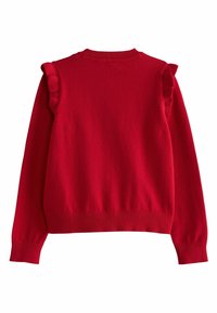 Pull en maille rouge avec des accents à volants sur les épaules, un col rond et des poignets et ourlet côtelés. Texture douce, coupe standard.