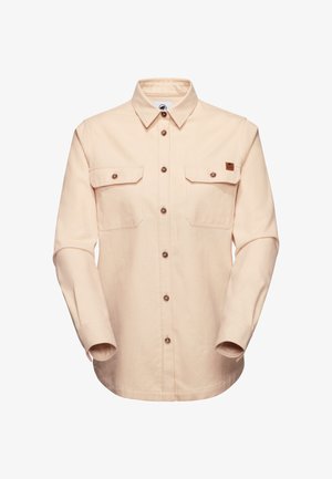 Camicia button-up color pesco chiaro realizzata in tessuto con una texture liscia, dotata di due tasche sul petto e bottoni marroni.