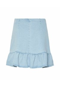 Šviesiai mėlyna džinsinė sijonas su platėjančia raukšlių apatine dalimi. Yra priekinių siūlių ir dvi šoninės kišenės, pagamintas iš minkštos, lengvos medžiagos.