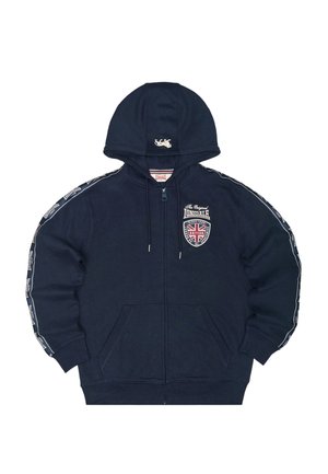 Sudadera con capucha azul marino con cremallera, bolsillos frontales, capucha con cordones, logo británico "Lonsdale" en el pecho y franjas con la marca a lo largo de las mangas.