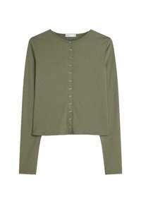 Cardigan lungo a maniche lunghe di colore verde oliva, realizzato in tessuto elastico, con scollatura rotonda e una fila di bottoni metallici sul davanti. Design cropped.