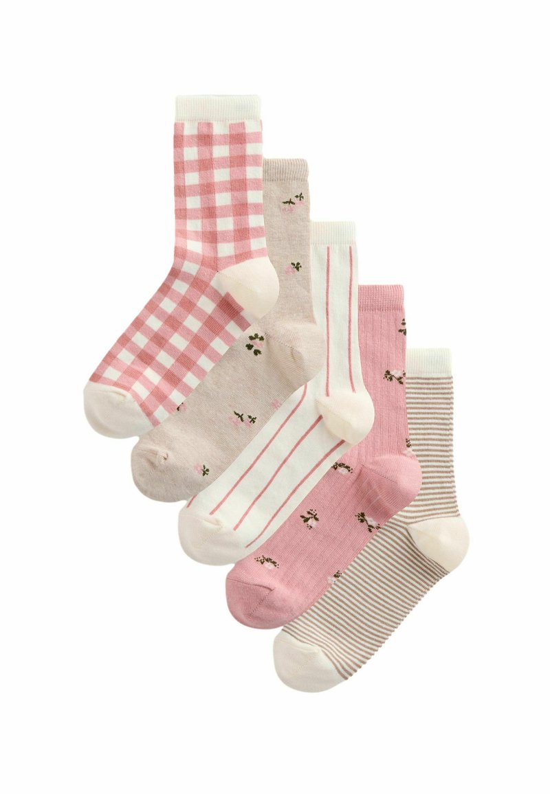 Cinci perechi de șosete în roz, bej și alb. Caracteristici includ un model în carouri roz, accente florale și designuri cu dungi.
