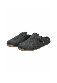 Chaussons gris en feutre à enfiler avec un détail de boucle, bout arrondi, surface texturée et semelle en caoutchouc pour une traction.