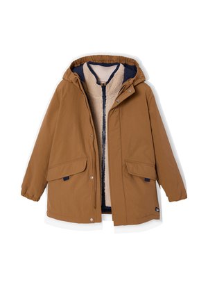 Brauner Wintermantel mit Kapuze, beigeem Fleecefutter, Reißverschluss vorne, Druckknöpfen und zwei vorderen Klappentaschen.