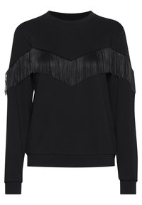 Černá mikina s dlouhými rukávy, zdobená vrstveným třásňovým designem přes hrudník. Vyrobena z měkkého materiálu s kulatým v�ýstřihem a manžetovými rukávy.