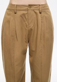 Pantaloni in cotone color marrone chiaro con chiusura a bottone, pieghe davanti e tasche laterali, dal tessuto morbido e dalla vestibilità sartoriale.