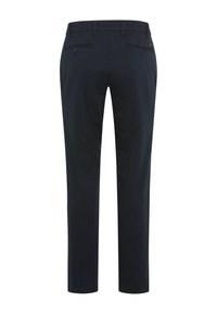 Pantaloni dritti blu navy scuro con passanti per la cintura e due tasche posteriori con bottoni, mostrati da dietro su sfondo bianco.