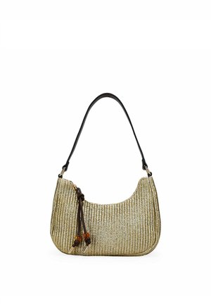 Bolso de hombro de textura tejida con parte superior curva, correa negra y cordones decorativos marrones con cuentas de ámbar sobre fondo blanco.