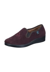 Burgundy suede slip-on shoe with a textured finish. Features a brown elastic trim and a floral design embroidered in pink. Black sole.