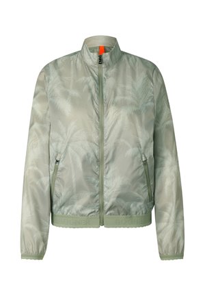 Lichtgroene jas met ritssluiting, subtiel palmbomenpatroon, hoge kraag, zijzakken met rits en elastische zoom met merknaamdetails.