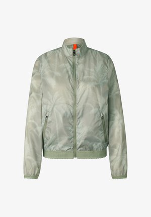 Jasnozielona kurtka zapinana na zamek z subtelnym wzorem palm, wysokim kołnierzem, kieszeniami bocznymi na zamek oraz elastycznym dołem z detalem w postaci nazwy marki.