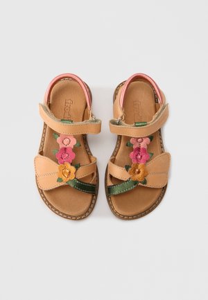 Sandale din piele culoarea bronz cu broderie florală în roz, portocaliu și verde. Au barete reglabile și talpă plată cu cusături decorative.