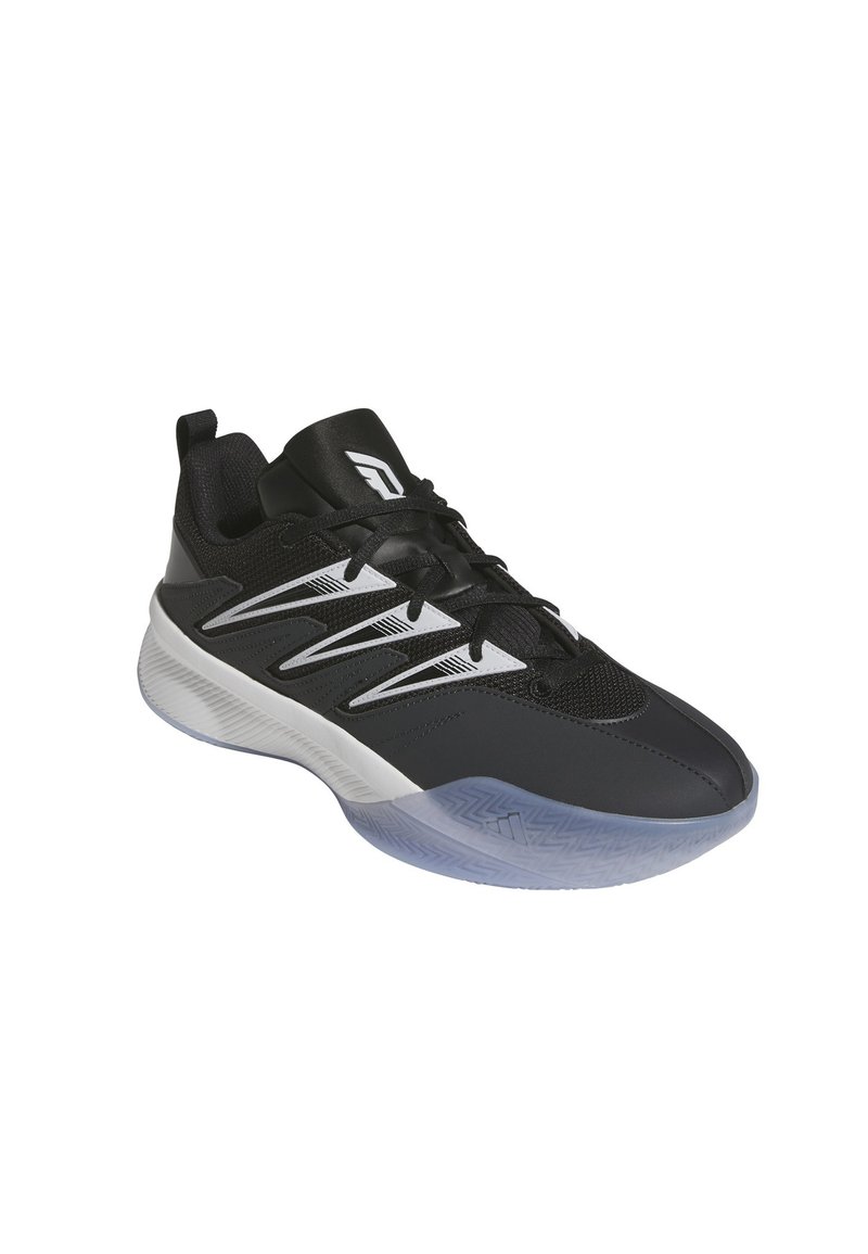 Zwarte sportschoenen met een gestructureerde bovenkant, witte accenten, een vetersluitingssysteem en een doorschijnende rubberen zool met een visgraatpatroon.