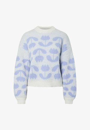 Pull en maille bleu clair avec des motifs de tulipes blanches, col rond, manches longues, et bords côtes au niveau des poignets et de l'ourlet. Texture douce.