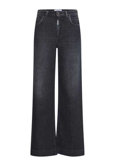 Tamsiai mėlyni plataus kirpimo džinsai su aukštu liemeniu, turintys dvi priekinės kišenes, subtilų siuvinėjimą ir užtrauktuku užsegamą priekinę dalį.