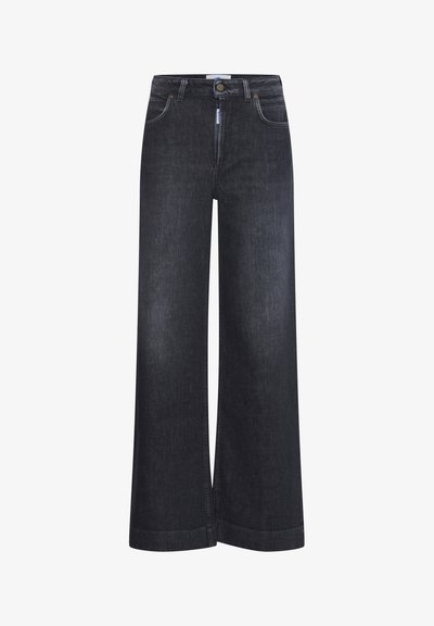 Tamsiai mėlyni plataus kirpimo džinsai su aukštu liemeniu, turintys dvi priekinės kišenes, subtilų siuvinėjimą ir užtrauktuku užsegamą priekinę dalį.