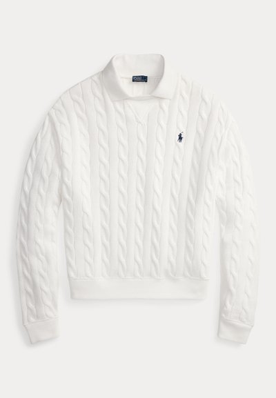 White cable knit sweater with a polo collar and small embroidered navy blue horse logo on the left chest.