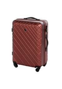 Harde koffer in metallic brons, met een diamantpatroon, textuuroppervlak, uitschuifbare handgreep en vier wielen voor mobiliteit.