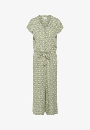 Combinaison à manches courtes en tissu vert clair avec un motif abstrait blanc. Dotée d'un décolleté croisé et d'une ceinture à nouer à la taille.