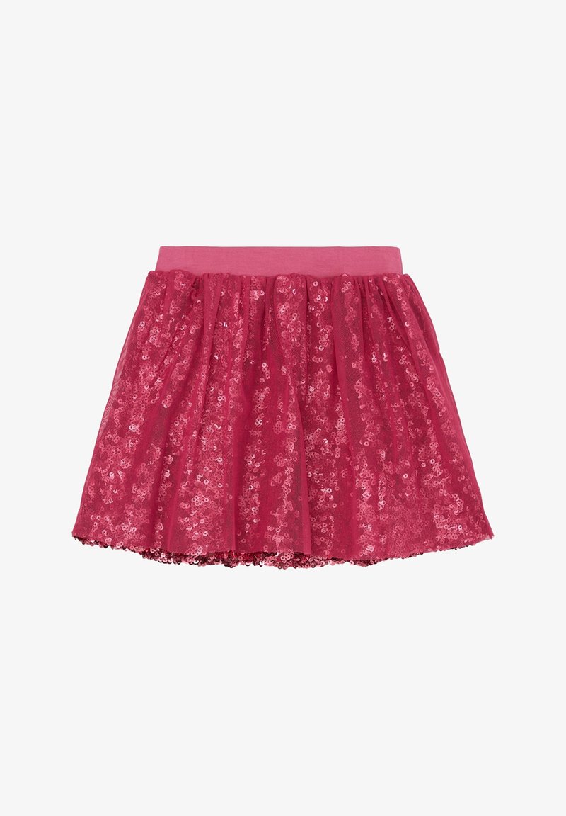 Jupe en tulle rose à sequins avec une large ceinture élastique, design superposé et texture scintillante.