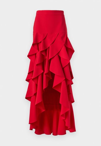 Raudona raukšlėta sijonas su aukštu ir žemu apvadu. Pavyzdžiai sluoksniuotų raukšlių aplink liemenį ir šonus, pagamintas iš lygaus audinio. Elastinga juosmens juosta.