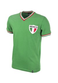 T-shirt en coton vert avec un col en V, comportant des accents rayés rouge et blanc sur les manches et un logo écusson "MEXIQUE" brodé.