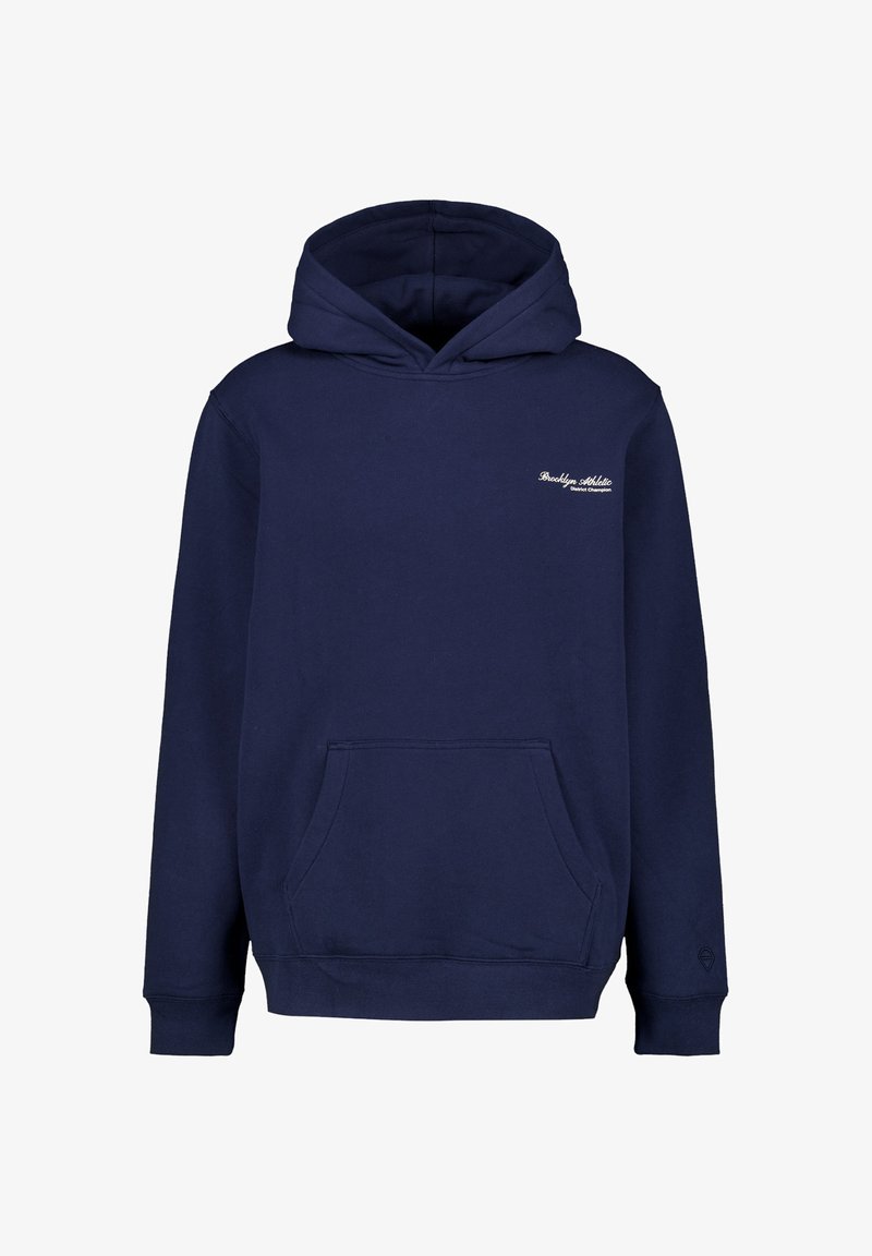 Navy blue hoodie made of soft fabric, featuring a kangaroo pocket, adjustable drawstring hood, and subtle white logo on the chest.
