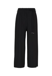 Zwarte plissétruikers met een elastische tailleband en trekkoord. Heeft een losse pasvorm en een gladde textuur, geschikt voor casual wear.