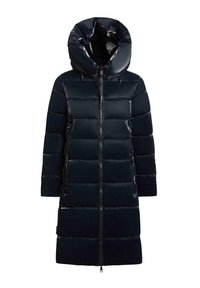 Giacca a vento lunga in tessuto lucido blu navy, con un grande cappuccio, design trapuntato orizzontale, chiusura frontale con zip e tasche laterali.