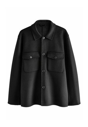 Black wool jacket with a collared neckline, front button closure, two chest pockets, and a relaxed fit. Smooth texture and clean lines.
