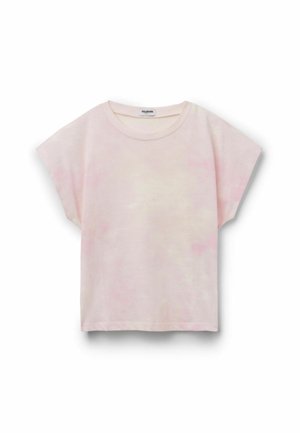T-shirt en coton rose clair à manches courtes, col rond, coupe décontractée et motif tie-dye subtil sur fond blanc.