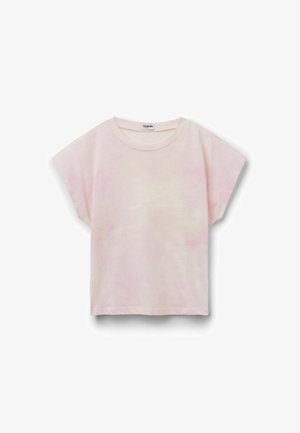 T-shirt en coton rose clair à manches courtes, col rond, coupe décontractée et motif tie-dye subtil sur fond blanc.