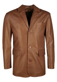 Brun läderblazer med slagkrage, två framfickor och tre knappar. Slät textur med en minimalistisk design.