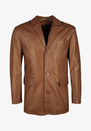 Brun læderjakke med spids revers, to frontlommer og tre knapper. Glat tekstur med minimalistisk design.