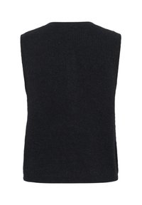 Schwarzes ärmelloses Stricktop mit strukturiertem Oberflächenmaterial, Rundhalsausschnitt und lässigem Schnitt. Keine sichtbaren Verschlüsse oder Akzente.