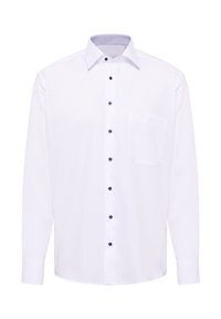 Weißes Langarmhemd aus glattem Stoff, mit einer Tasche, dunklen Knöpfen und einem gemusterten Kragenfutter.