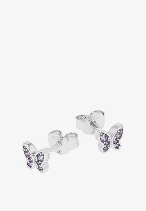 Orecchini a bottone in argento a forma di farfalla con piccole pietre preziose viola incastonate nelle ali, chiusure a farfalla visibili.